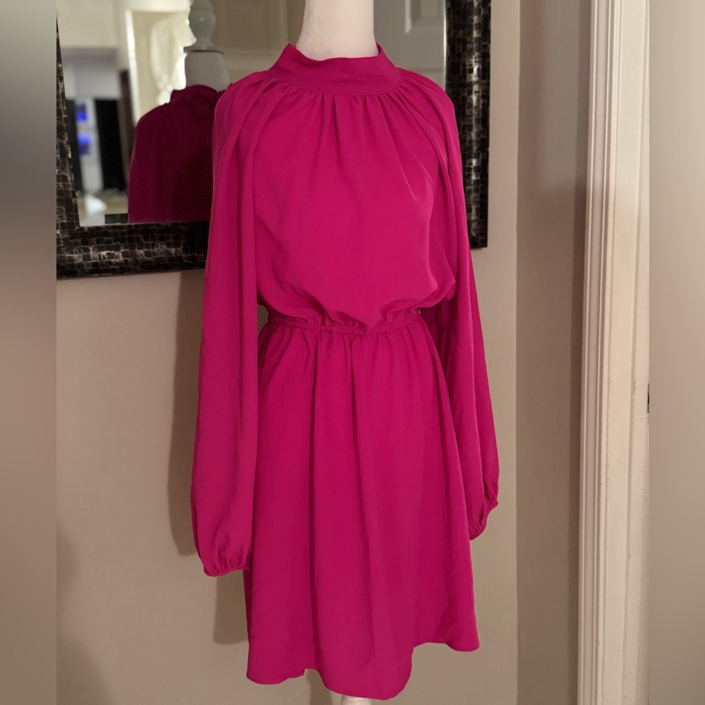 Bright hot Pink Long sleeve bow tie neck boutique dress